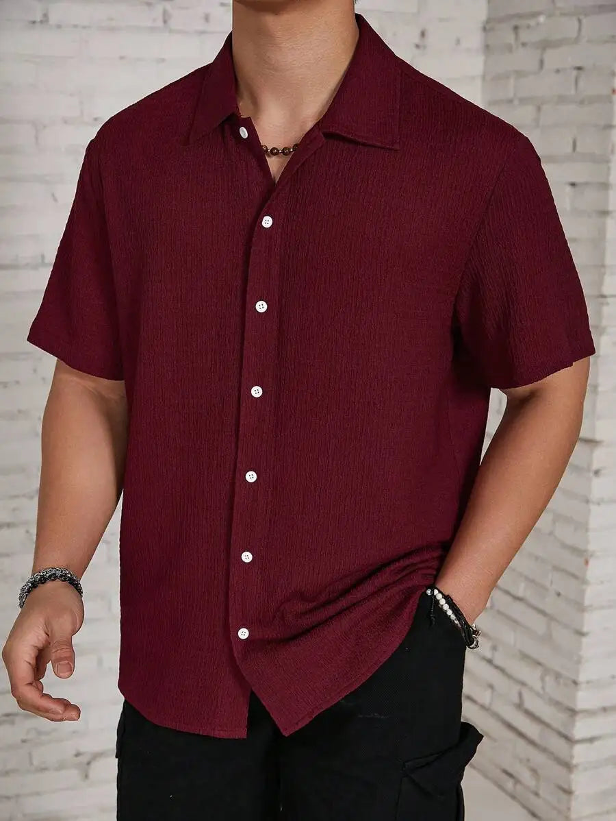 Men's Textured Knit Short Sleeve Button-Front Shirt, Loose Fit, Resort Casual Style
