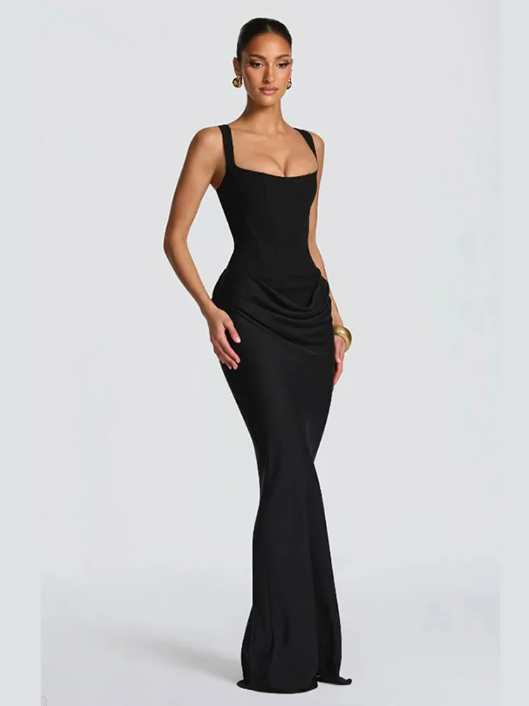 Solid Pleated Sling Dress Women Square Neck Sleeveless Off-shoulder Waist Cinching Slim Dresses Lady Evening Party Gowns 2025