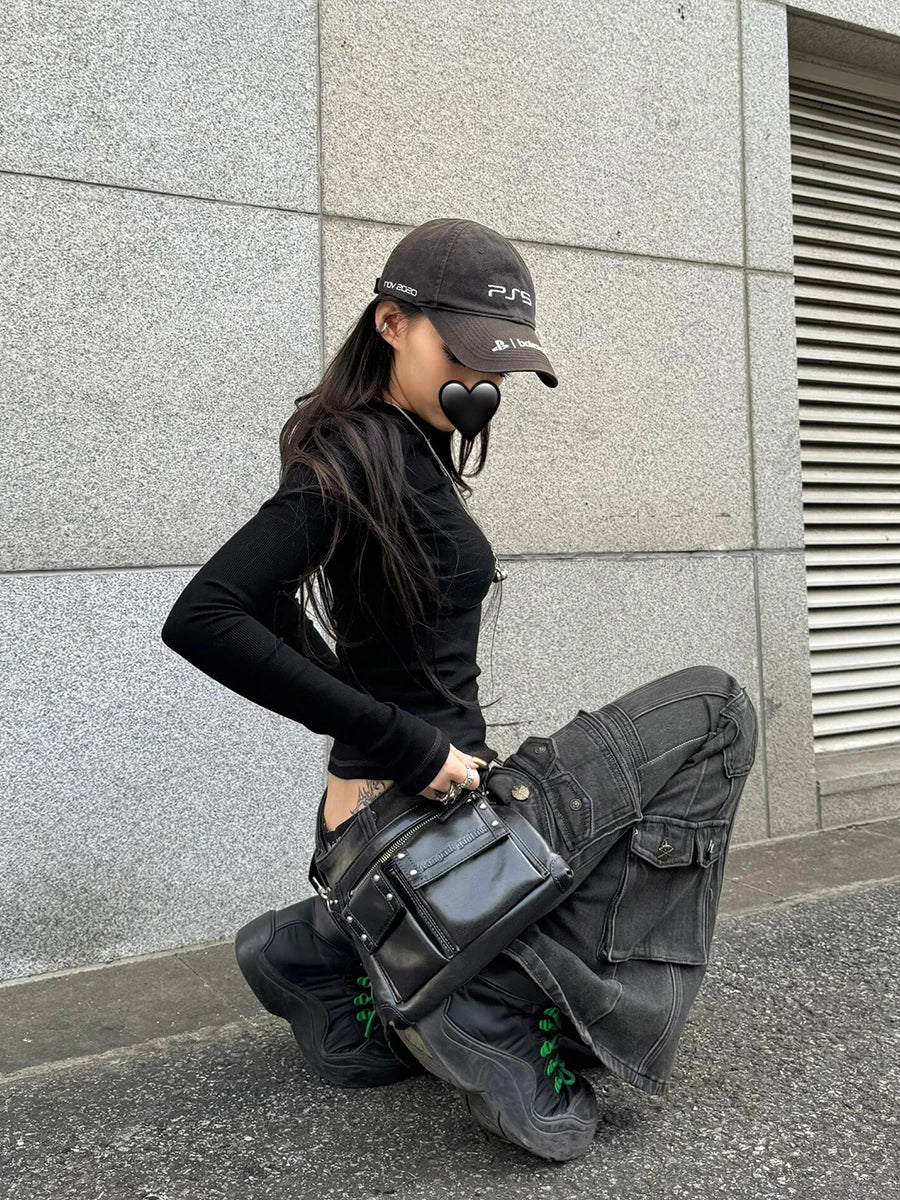 REDDACHiC Black Low Waist Cargo Jeans 2000s Distressed Whiskers Multi-pocket Stretch Bootcut Pants Women Retro Grunge Streetwear