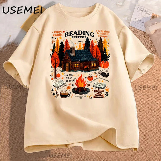 Cozy Cabin Reading Retreat T-shirt Fall Bookish Tshirt Autumn Cozy Readers Pumpkin Spice Book T Shirt Caual Cotton Short Sleeve