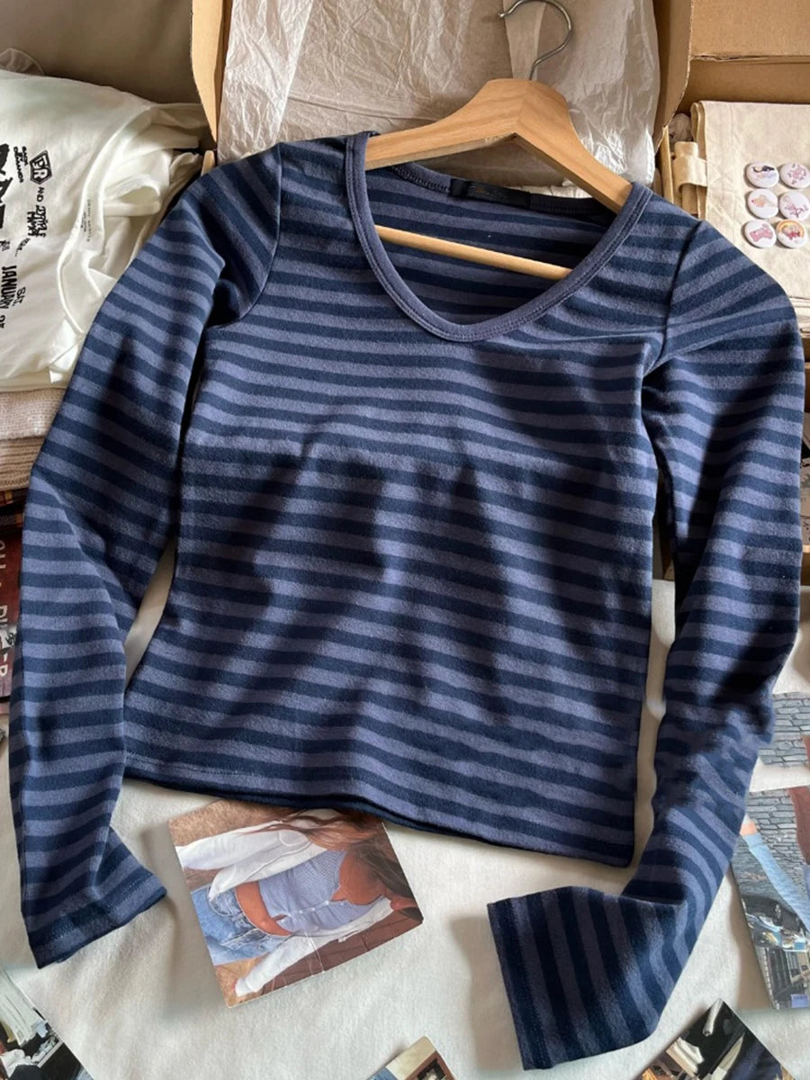 Pink Striped Slim Long Sleeve Tees Women Spring Casual Cotton O-neck Tshirt New Tops Clothes Sweet Cute  Vintage T-shirts Y2K