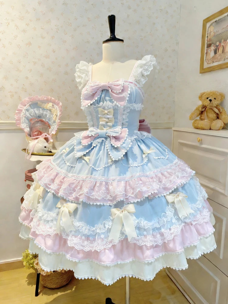 Summer Japanese Style Kawaii Lolita Dress Women Party Vintage Sweet Lace Bow Birthdays Cake Dresses Harajuku Y2k Bandage Dress