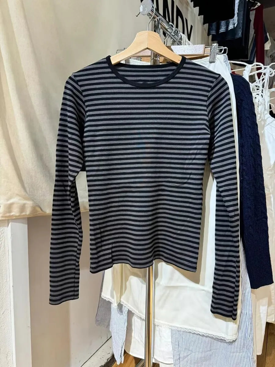 Pink Striped Slim Long Sleeve Tees Women Spring Casual Cotton O-neck Tshirt New Tops Clothes Sweet Cute  Vintage T-shirts Y2K
