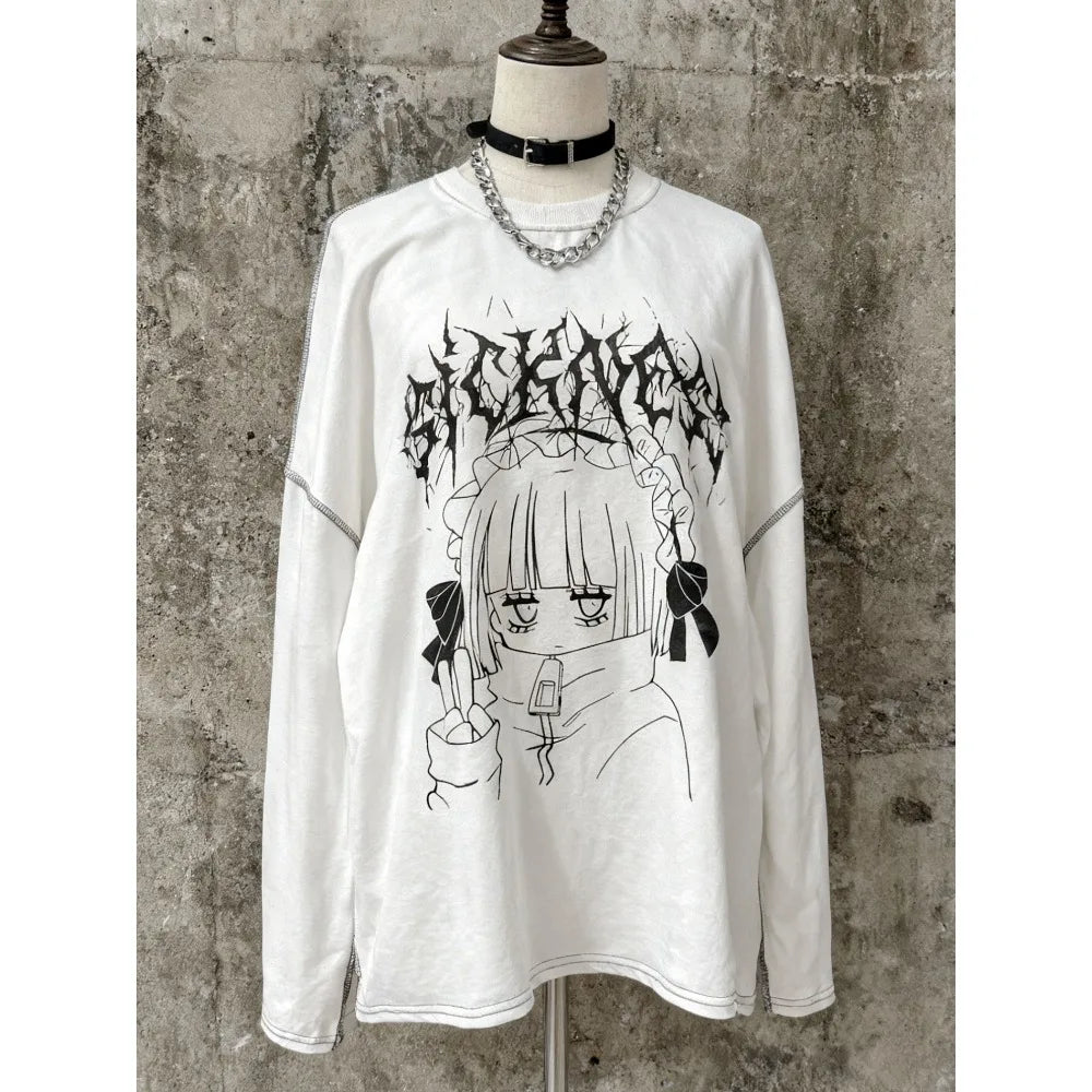 2000s American Vintage Gothic Black Women T-shirts Punk Style Graphic Grunge Tshirts Harajuku Y2k Long Sleeve Tops Streetwear