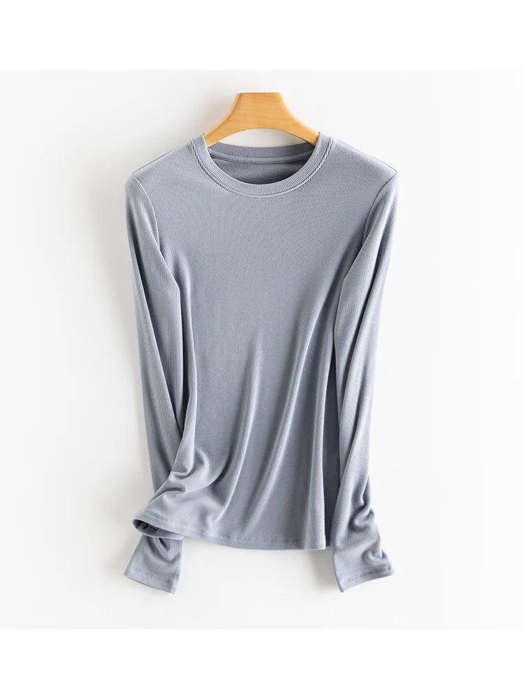 SuyaDream, Women Bottoming T Shirt, Silk Viscose Blend, Long Sleeves, Solid Basic Thermal  Shirt, 2024 Autumn Winter Top