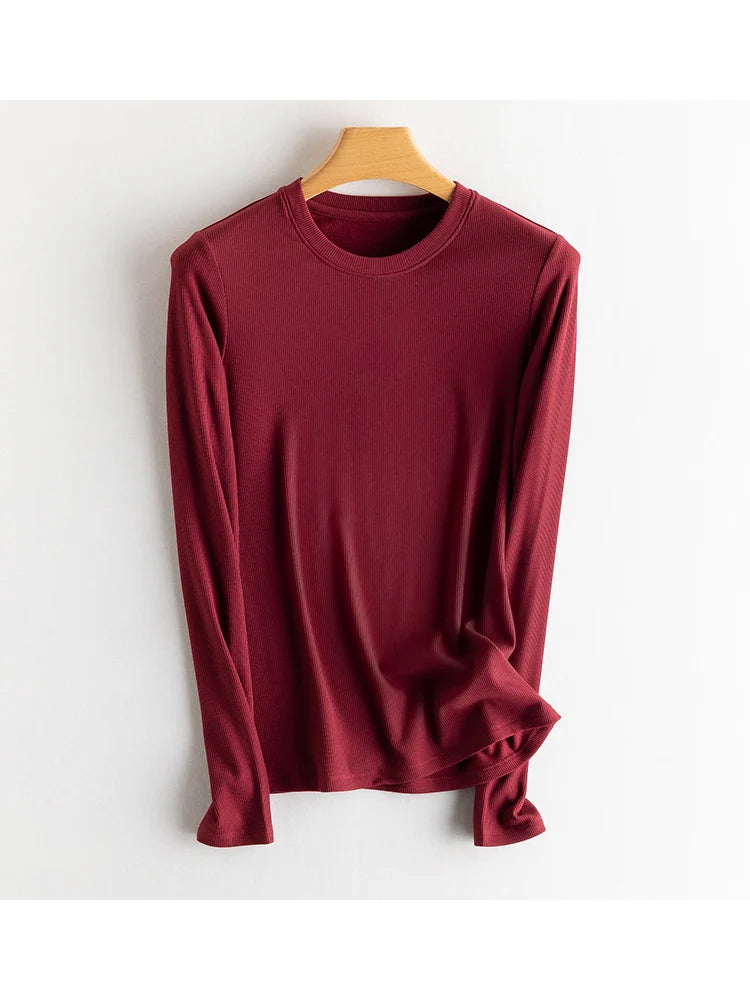 SuyaDream, Women Bottoming T Shirt, Silk Viscose Blend, Long Sleeves, Solid Basic Thermal  Shirt, 2024 Autumn Winter Top