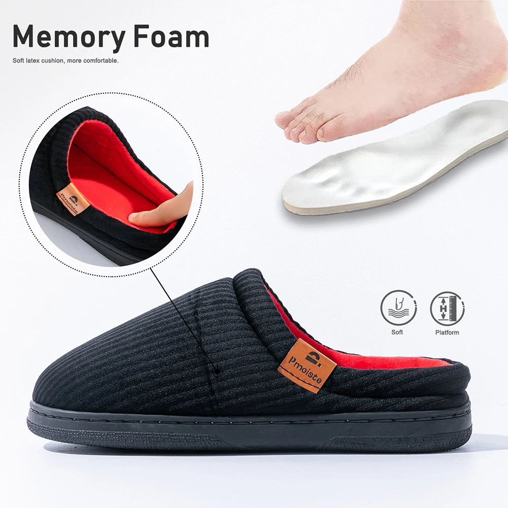 Pmoiste Stripe Corduroy House Slippers Men Warm Soft TPR Cushion Memory Foam Home Shoes Non-slip Winter Indoor High-quality