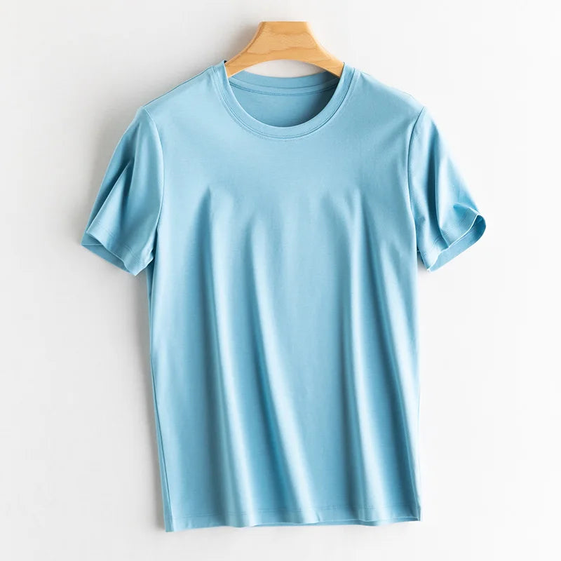 6% Real Silk Cotton Modal Women's T-shirt 2026 Summer Tees Short Sleeve Solid Tee Shirts V-neck Casual Woman Basic T shirt Tops