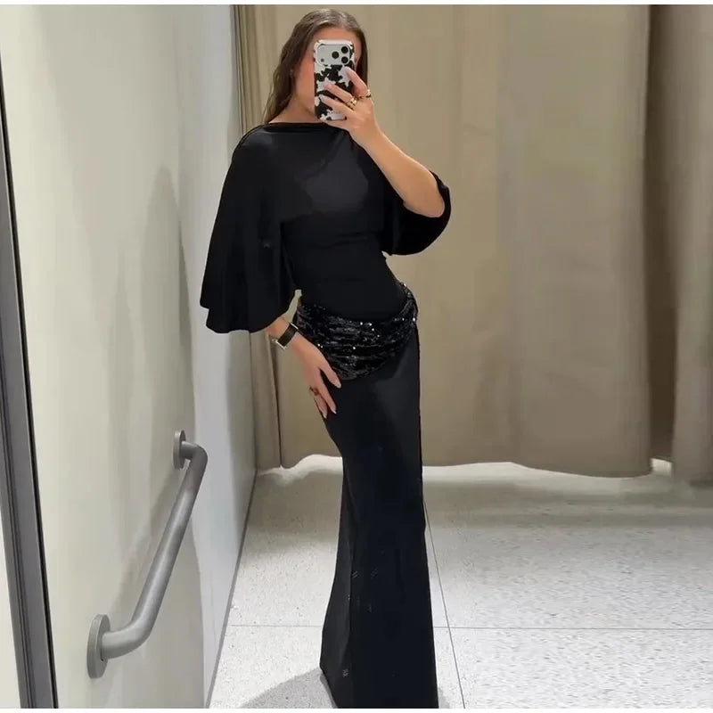 Women Backless Sequin Patchwork Maxi Dress Elegant Wide Sleeve Long Gowns Feminine New Fashion Evening Party Daily Robes