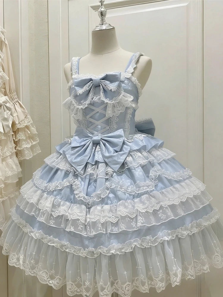 Summer Japanese Style Kawaii Lolita Dress Women Party Vintage Sweet Lace Bow Birthdays Cake Dresses Harajuku Y2k Bandage Dress