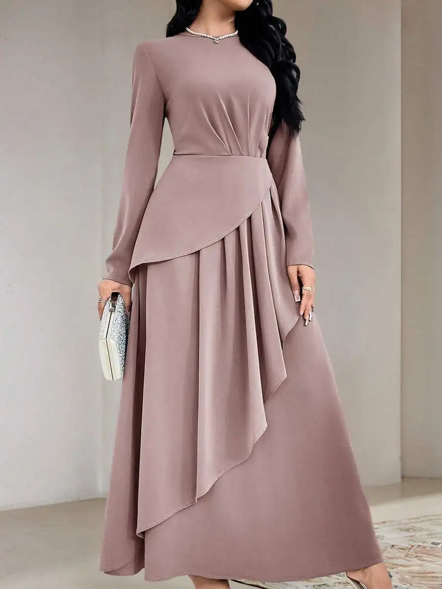 Women's Sage Green Round Neck Long Sleeve Asymmetrical Pleated Maxi Dress