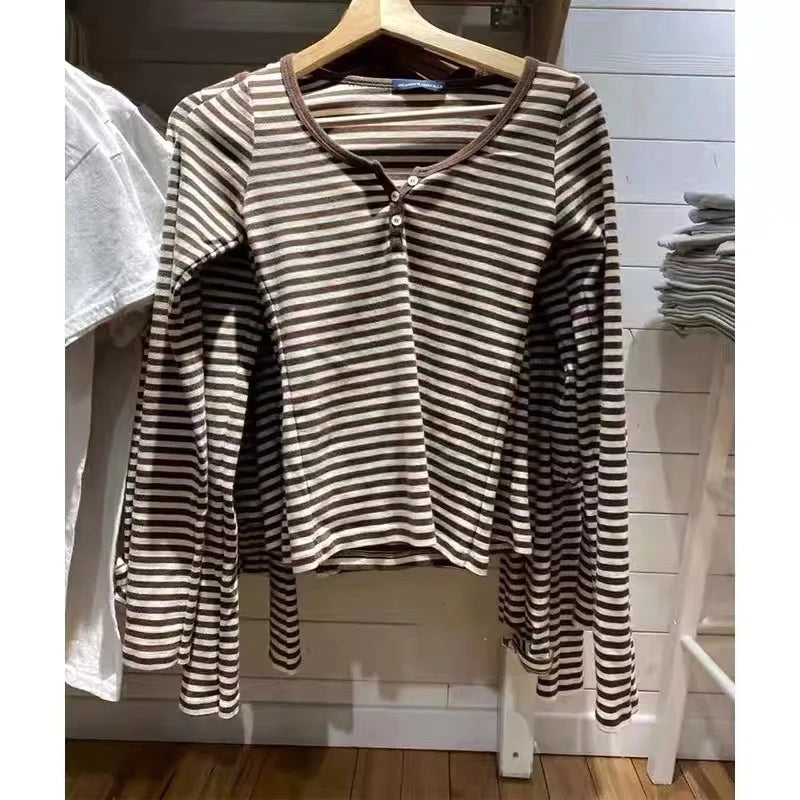 Pink Striped Slim Long Sleeve Tees Women Spring Casual Cotton O-neck Tshirt New Tops Clothes Sweet Cute  Vintage T-shirts Y2K