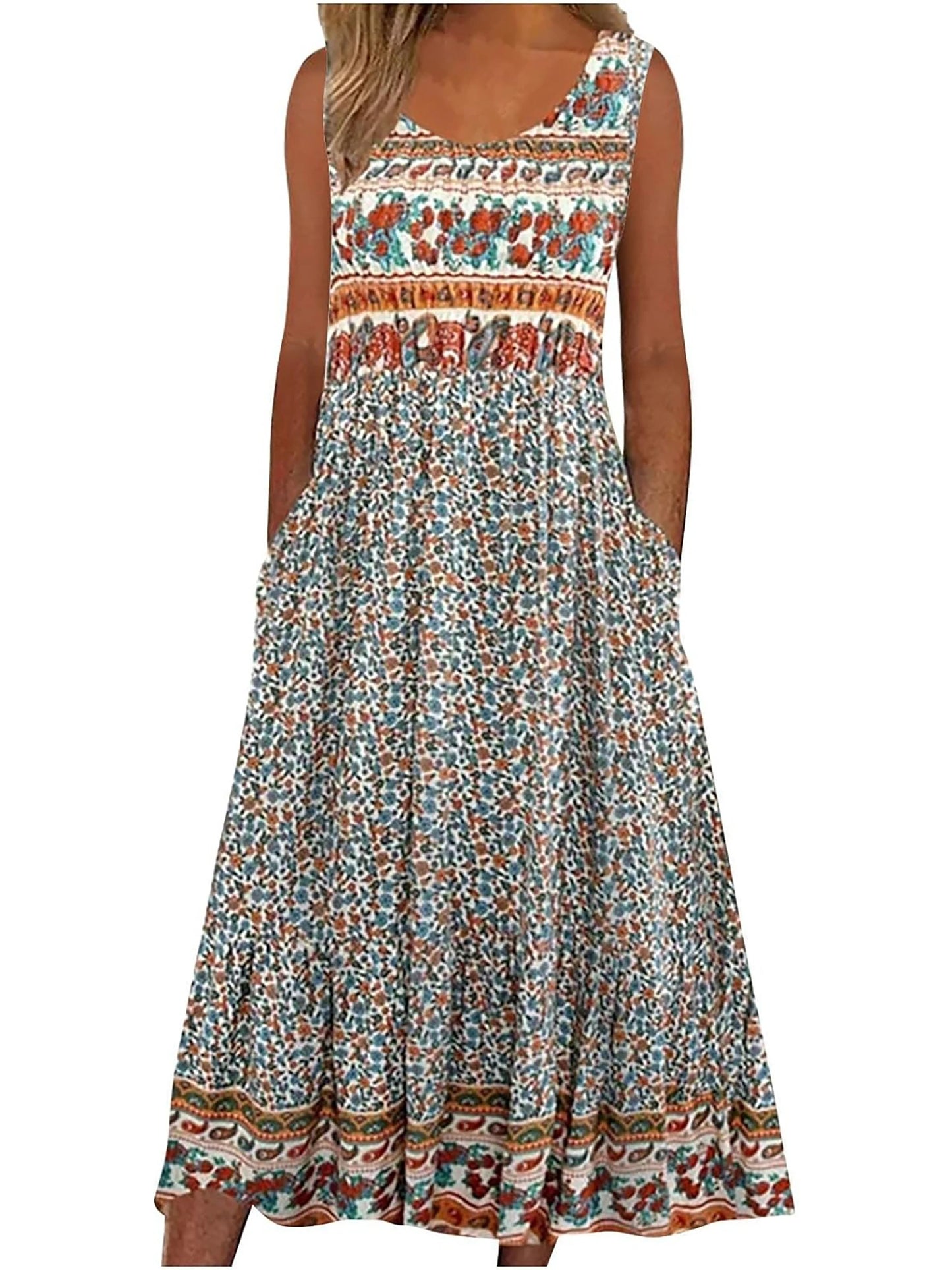 2025 summer new! Women's sleeveless Bohemian floral casual beach MIDI sundress with pockets flowing and loose