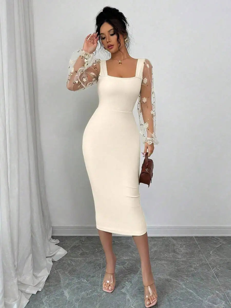 Square Neck Knit Bodycon Dress with Floral Mesh Sleeves, High Elastic & Tummy Control