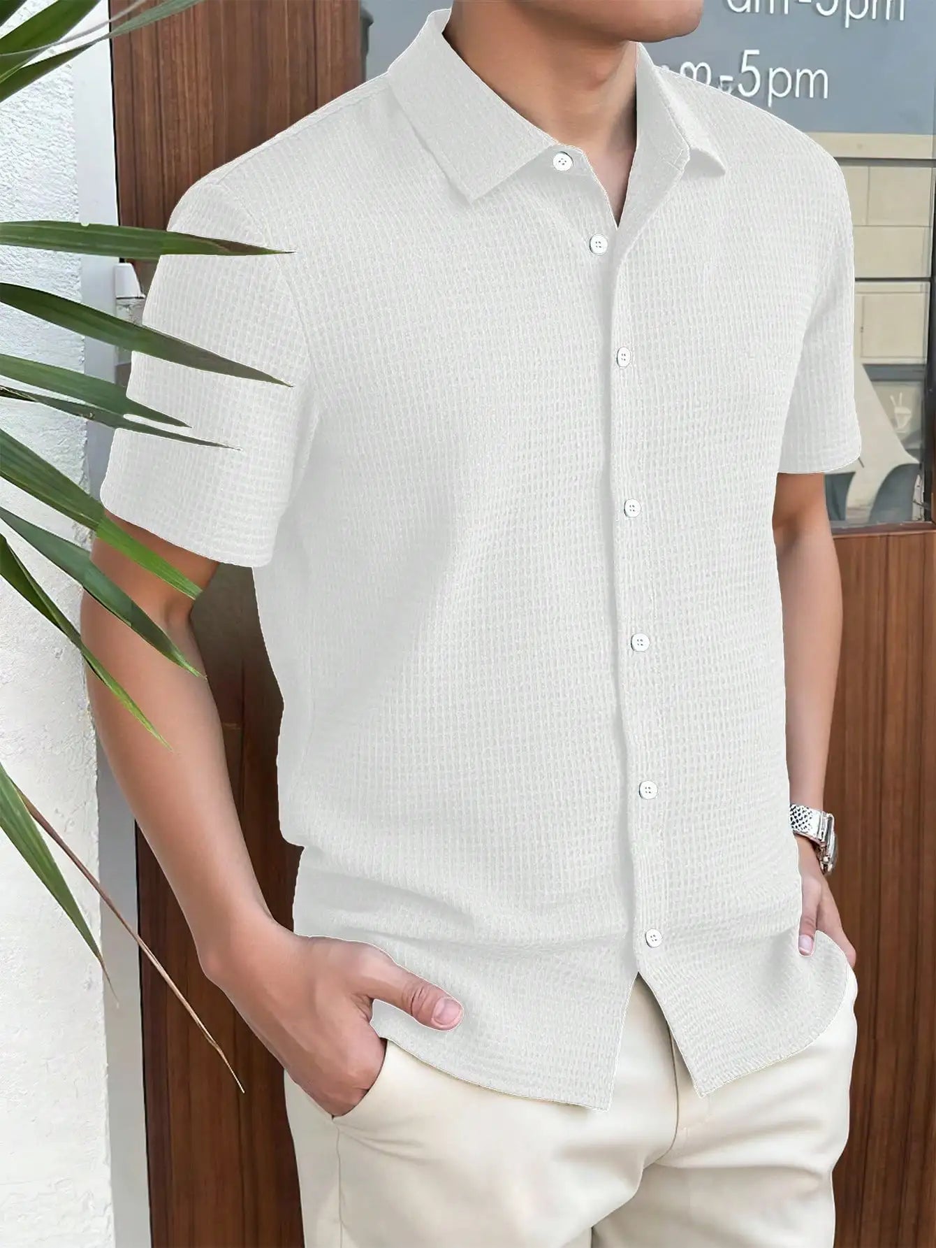 Men's Dark Green Waffle Knit Short Sleeve Button-Down Shirt Casual Spring Summer