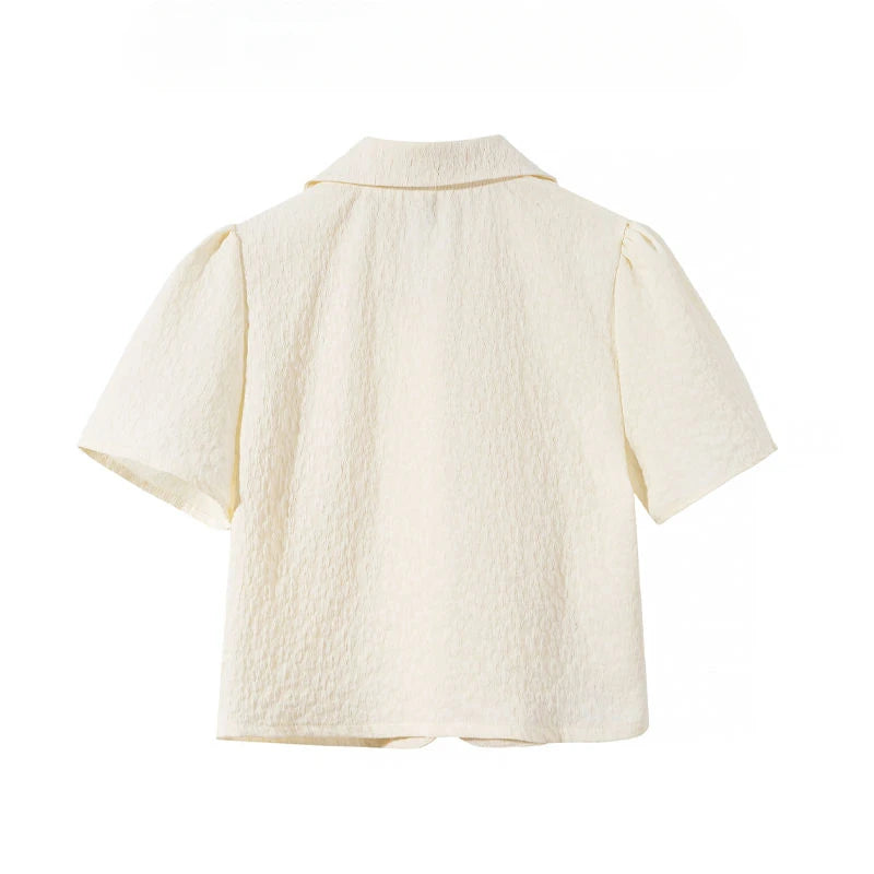 Chinese Style Shirts Women Buckles Apricot Short Sleeve Turn Down Collar Vintage Elegant Ladies Streetwear Stylish Chic Crop Top