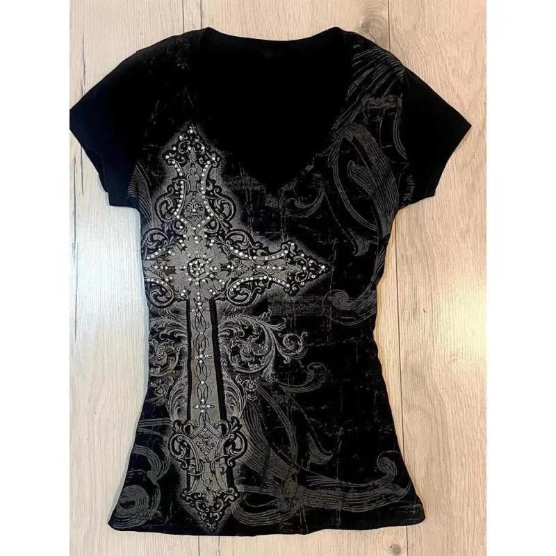 2000s American Vintage Gothic Black Women T-shirts Punk Style Graphic Grunge Tshirts Harajuku Y2k Long Sleeve Tops Streetwear