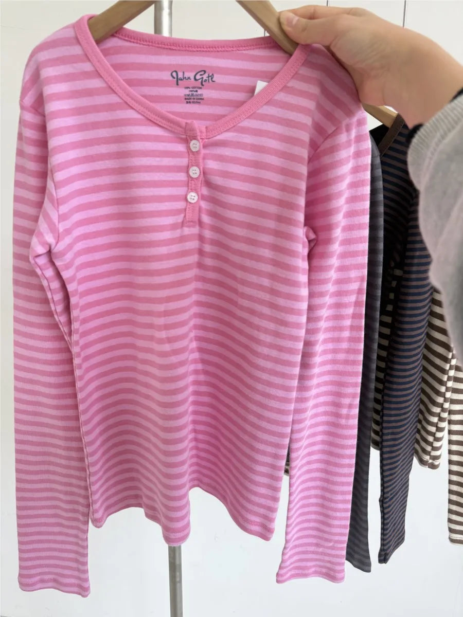 Pink Striped Slim Long Sleeve Tees Women Spring Casual Cotton O-neck Tshirt New Tops Clothes Sweet Cute  Vintage T-shirts Y2K
