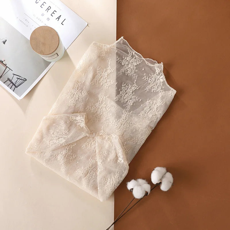 S-XL New Women Lace Shirt Spring Autumn Sexy Mesh Shirts Lace-Collared Blouse Long Sleeve Bottoming Shirt Pullover Top
