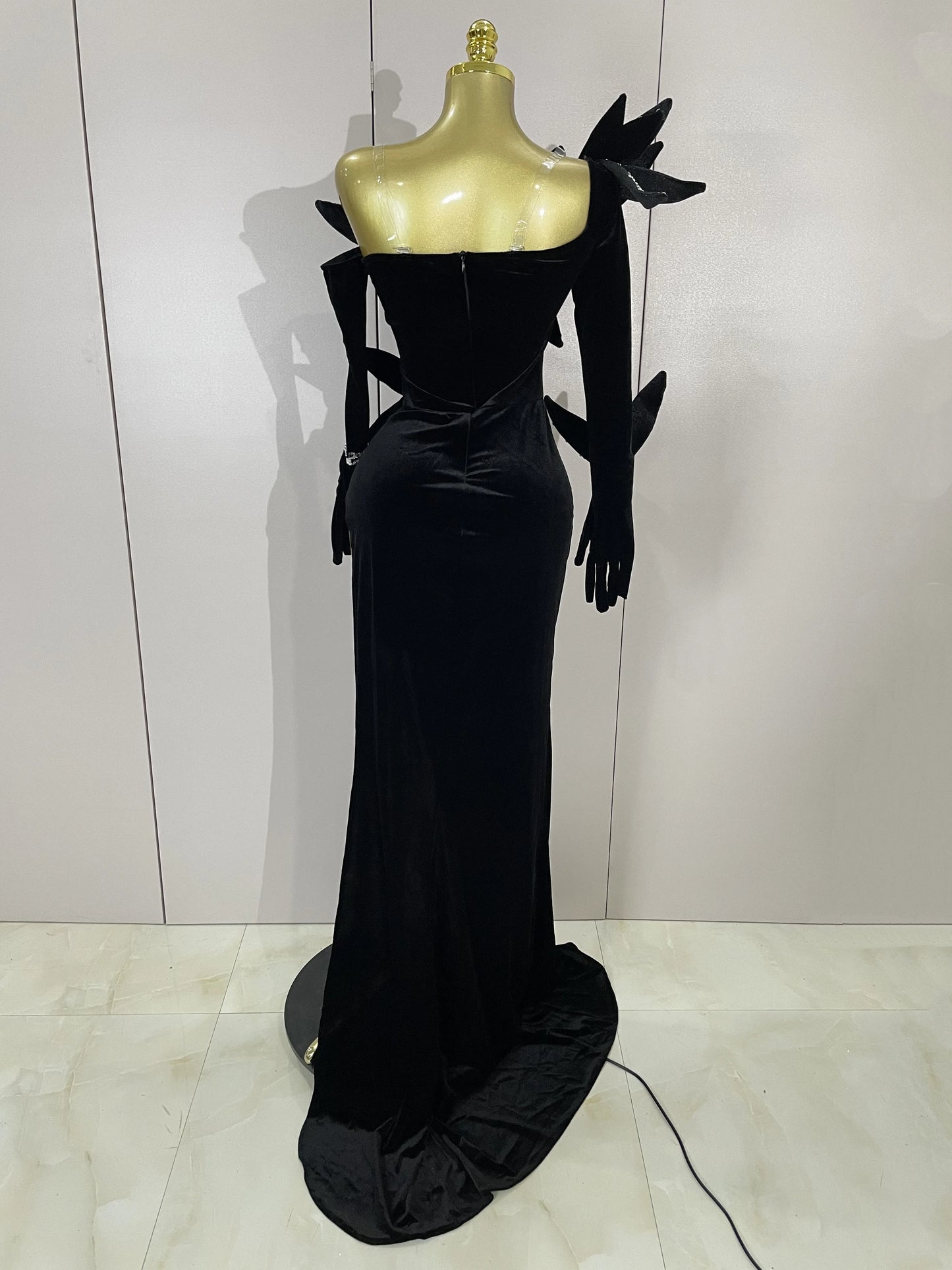 Shiny Diamond Velvet Sexy Side Slit Floor Length Dress With Gloves Women Chic Birthday Banquet Show Host Nightclub Stage Wear