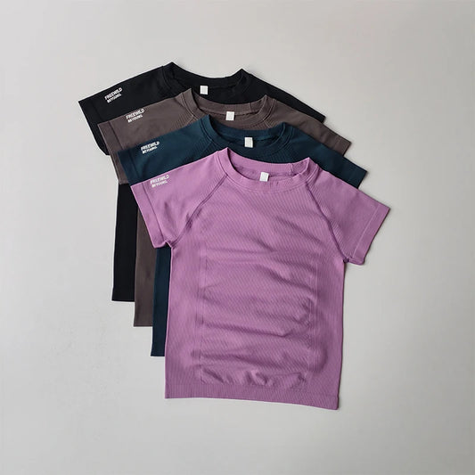 Yoga Suits for Women Short-sleeved Tops Tights Stretch Fast Drying Breathable T-shirt Professional Pilates Fitness Round Collar