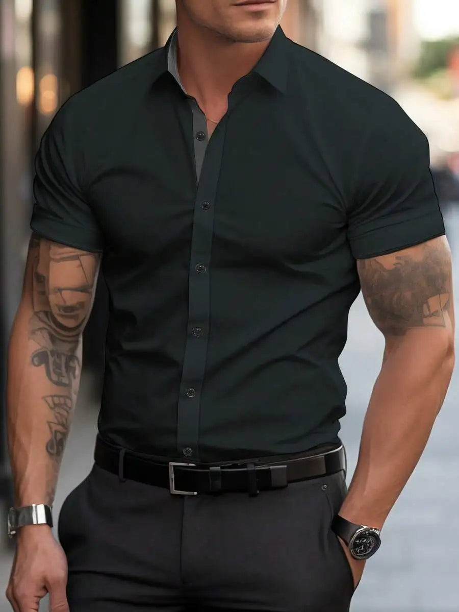 Men's White Short Sleeve Casual Shirt with Black Trim Collar and Cuffs