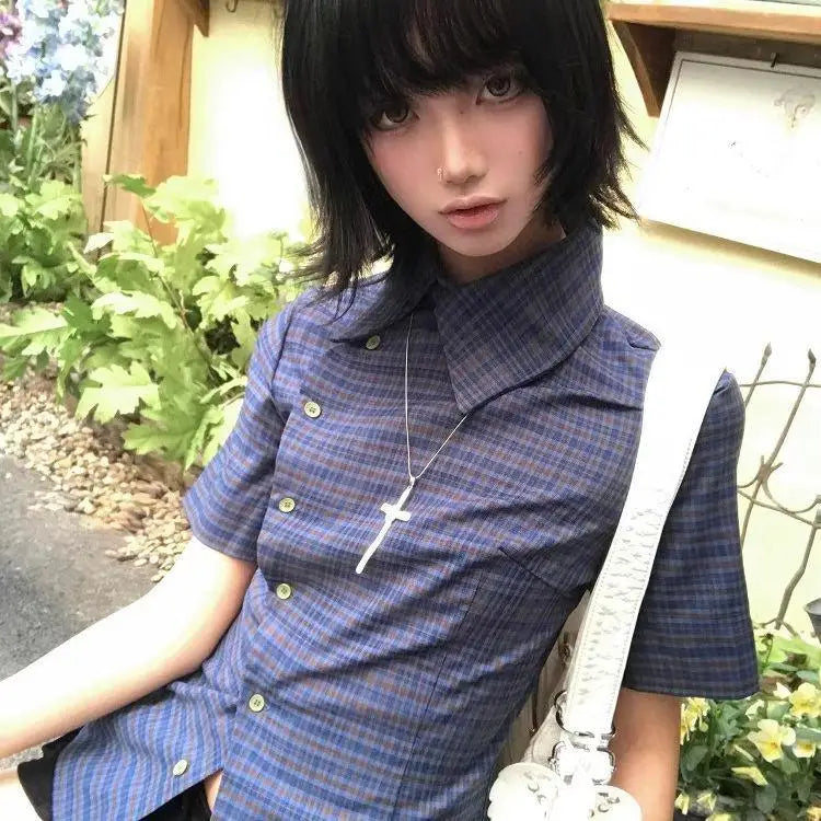 Genayooa Vintage Plaid Casual Shirt Women Short Sleeve Y2k Tops Japanese 2000s Summer Shirt Irregular American Retro 90s Tshirts