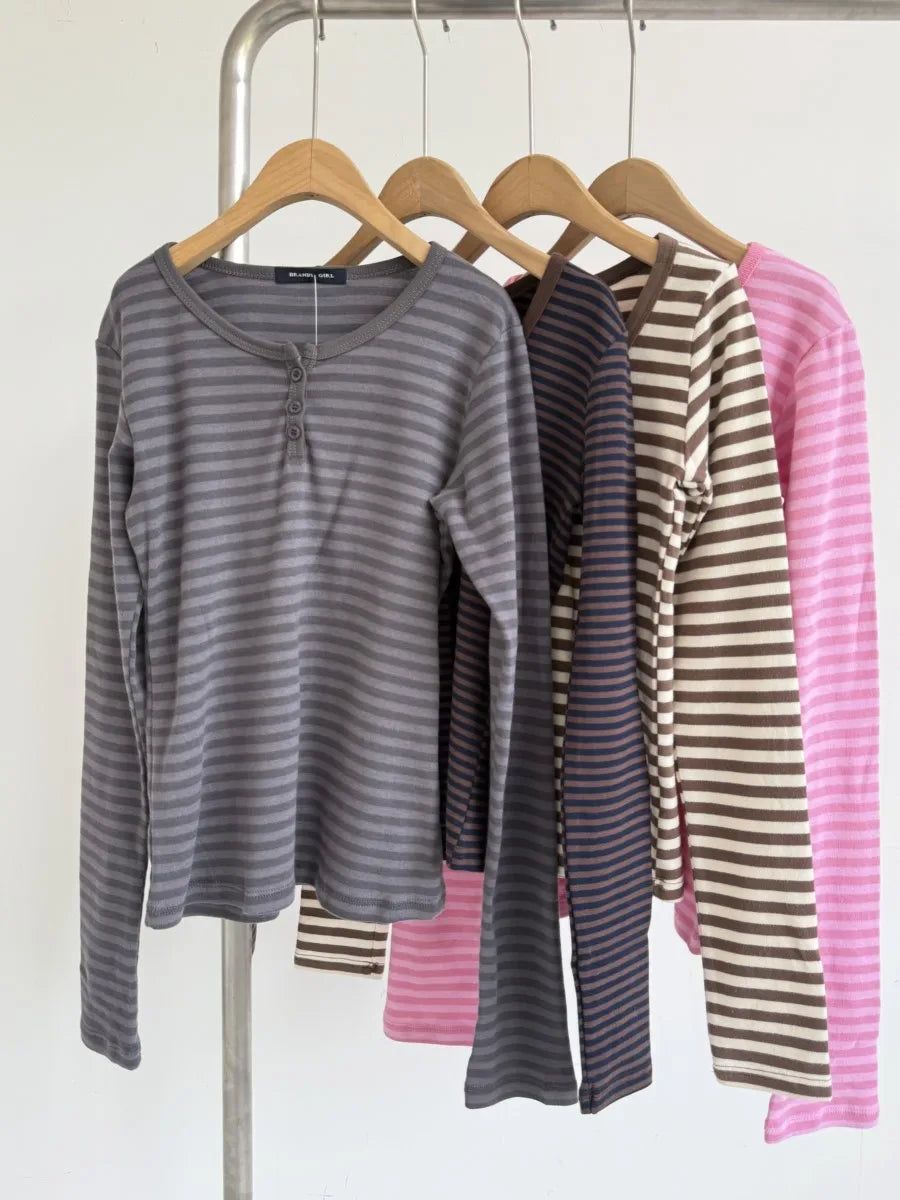 Pink Striped Slim Long Sleeve Tees Women Spring Casual Cotton O-neck Tshirt New Tops Clothes Sweet Cute  Vintage T-shirts Y2K