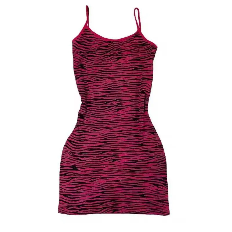 Y2K Grunge Pink Zebra Print Bodycon Mini Dress Women Sleeveless Slim Halter Dress E-girl Aesthetic Party Clubwear Streetwear