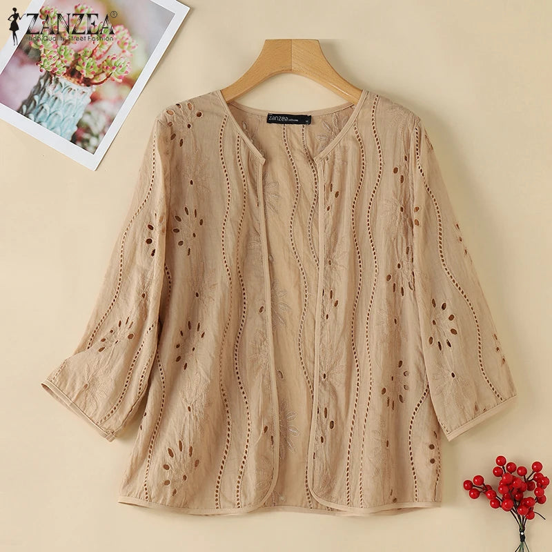 ZANZEA Women Fashion Hollow Out Embroidered Cardigan Shirts Autumn 2025 Elegant 3/4 Sleeve Kimonos Casual Holiday Cover-up Tops