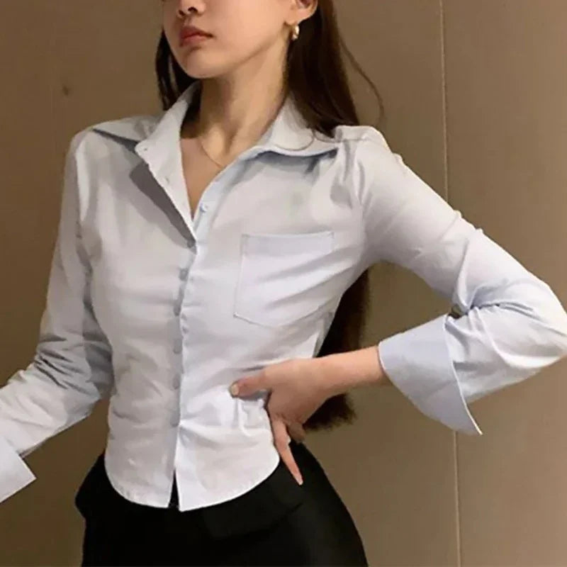 2025 Spring Commuter Long Sleeve New Female Crop Tops Korean White Office Women Chiffon Shirt Pocket Button Lapel Ladies Blouse