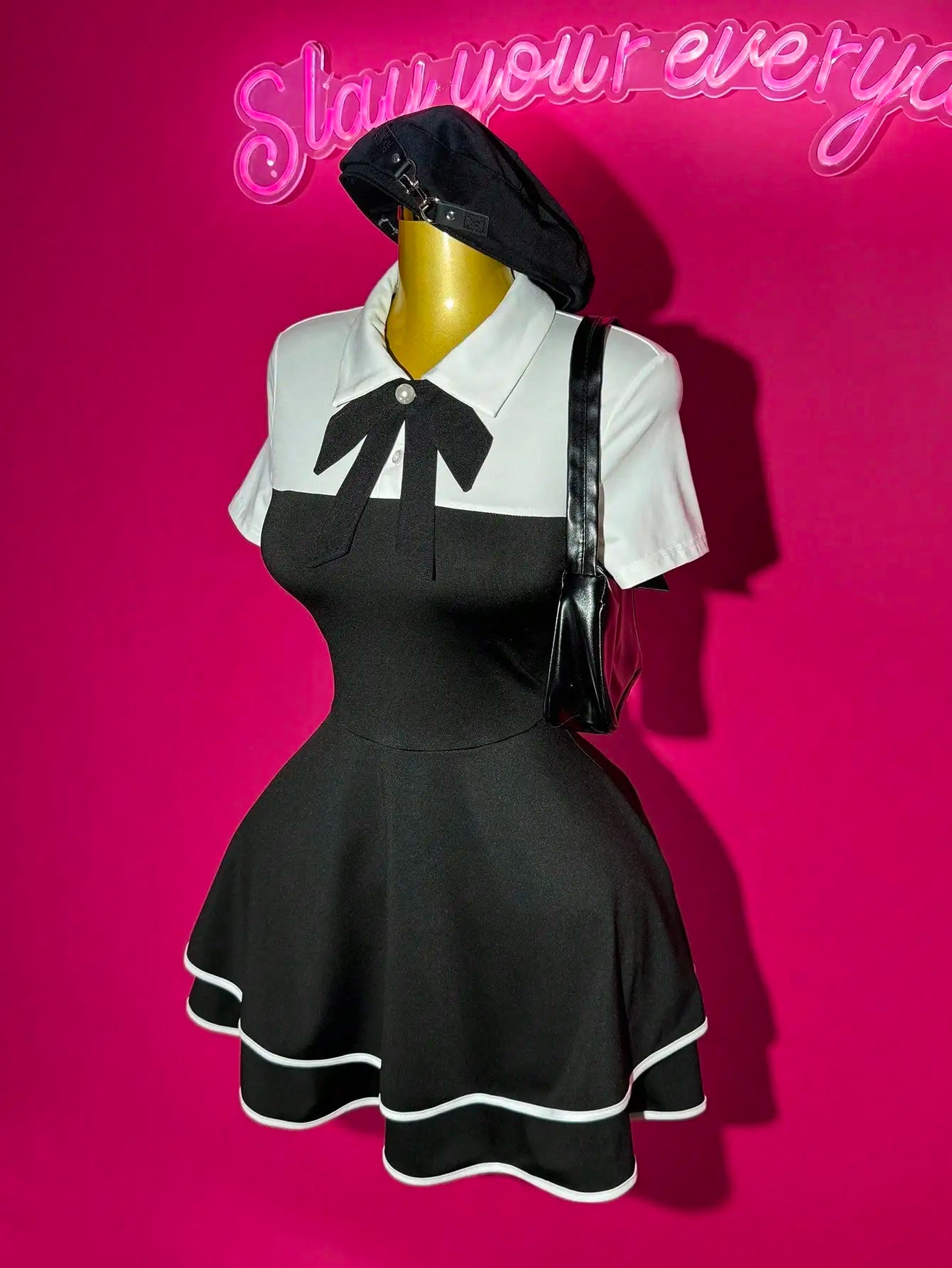 Polo Collar Bowknot Color Block Mini Dress with Ruffle Hem, A-Line Fit for Casual Date Party