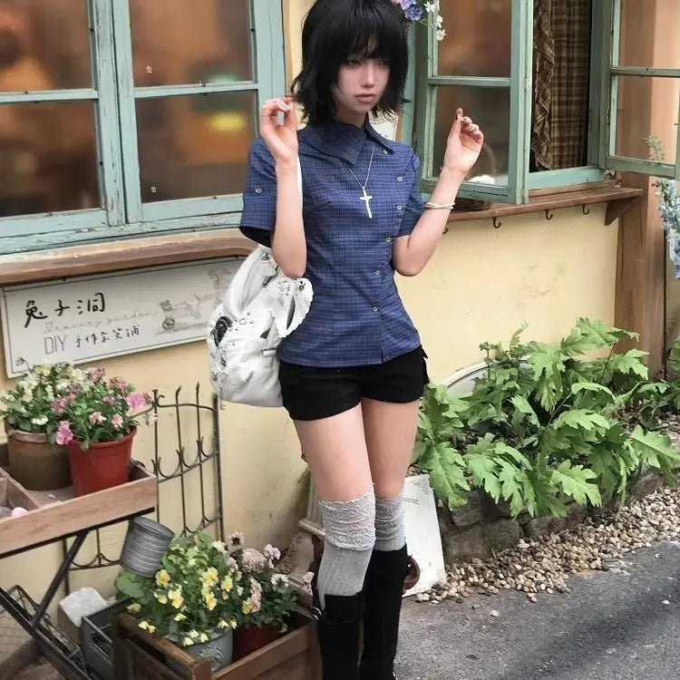 Genayooa Vintage Plaid Casual Shirt Women Short Sleeve Y2k Tops Japanese 2000s Summer Shirt Irregular American Retro 90s Tshirts