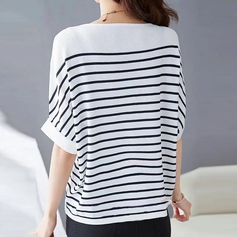 ZANZEA Elegant Striped Patchwork Blouse Women Half Sleeve Office Wear 2024 Summer T-shirt Fashion Loose Casual O-neck Tunic Tops