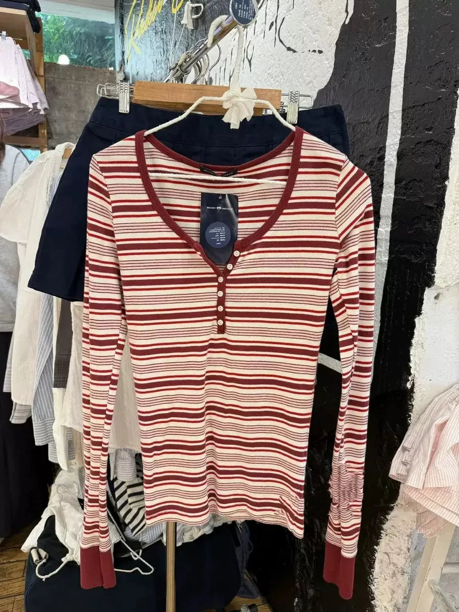 Pink Striped Slim Long Sleeve Tees Women Spring Casual Cotton O-neck Tshirt New Tops Clothes Sweet Cute  Vintage T-shirts Y2K