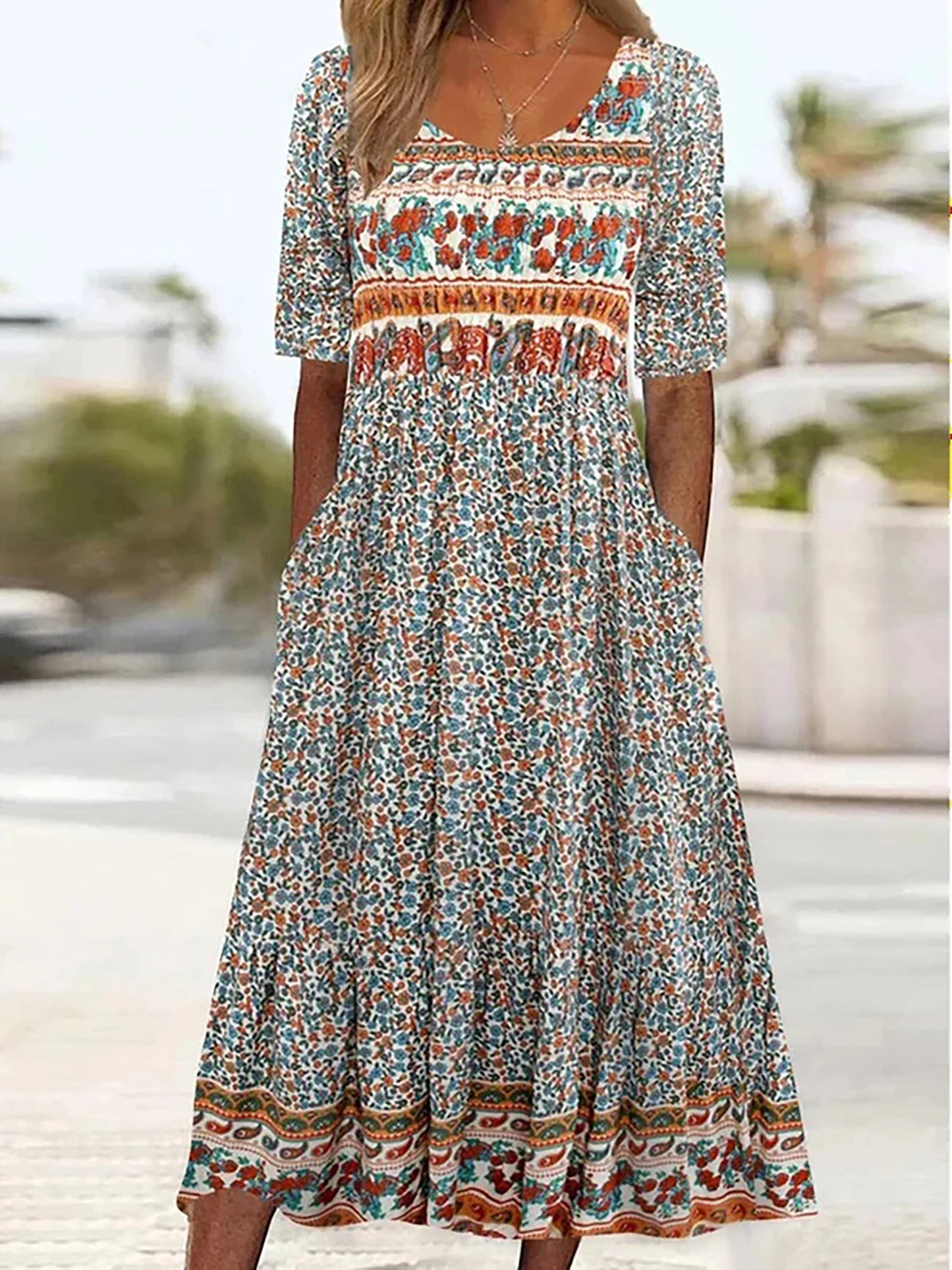 2025 summer new women's Bohemia loose fashion print round neck short sleeve long dress