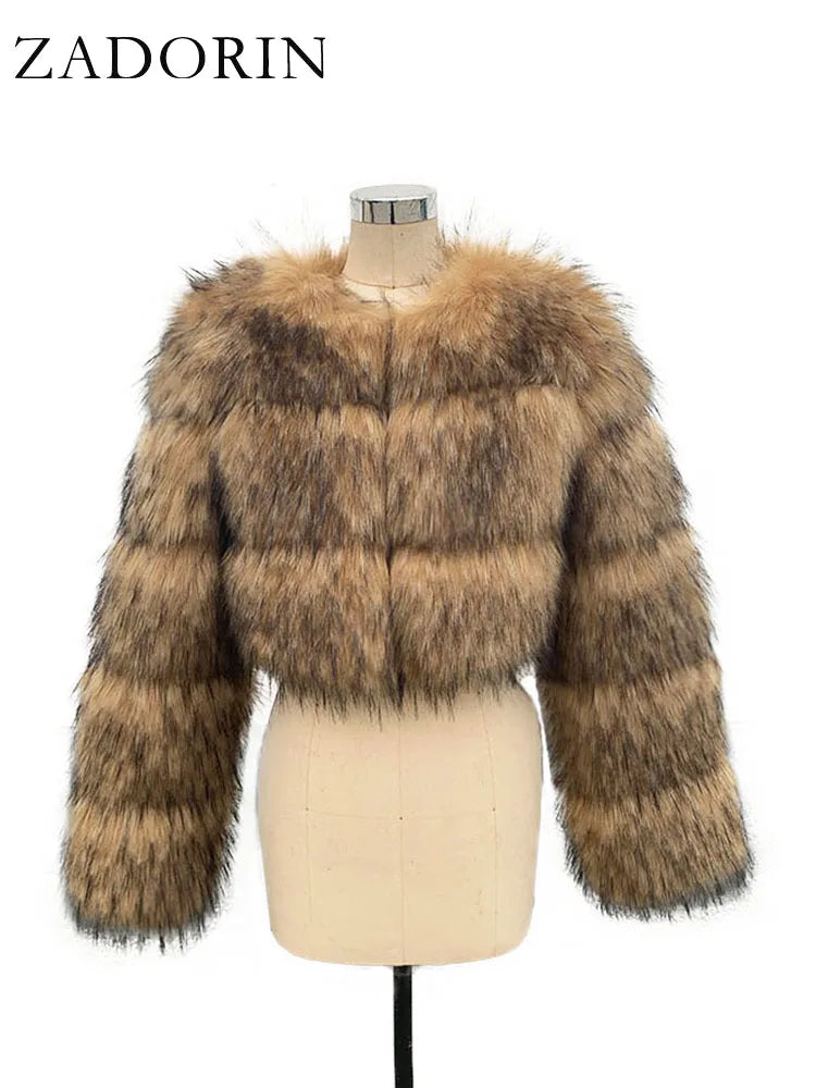 ZADORIN High Quality Cropped Faux Raccoon Fur Coat Women Winter Fashion O Neck Long Sleeve Fluffy Short Faux Fur Jacket Crop Top