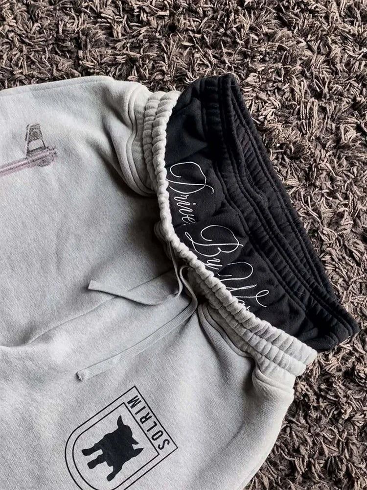 2025 European and American Embroidered Street Couple Double Head Double Waist Pants Personalized Printed Pattern Pants