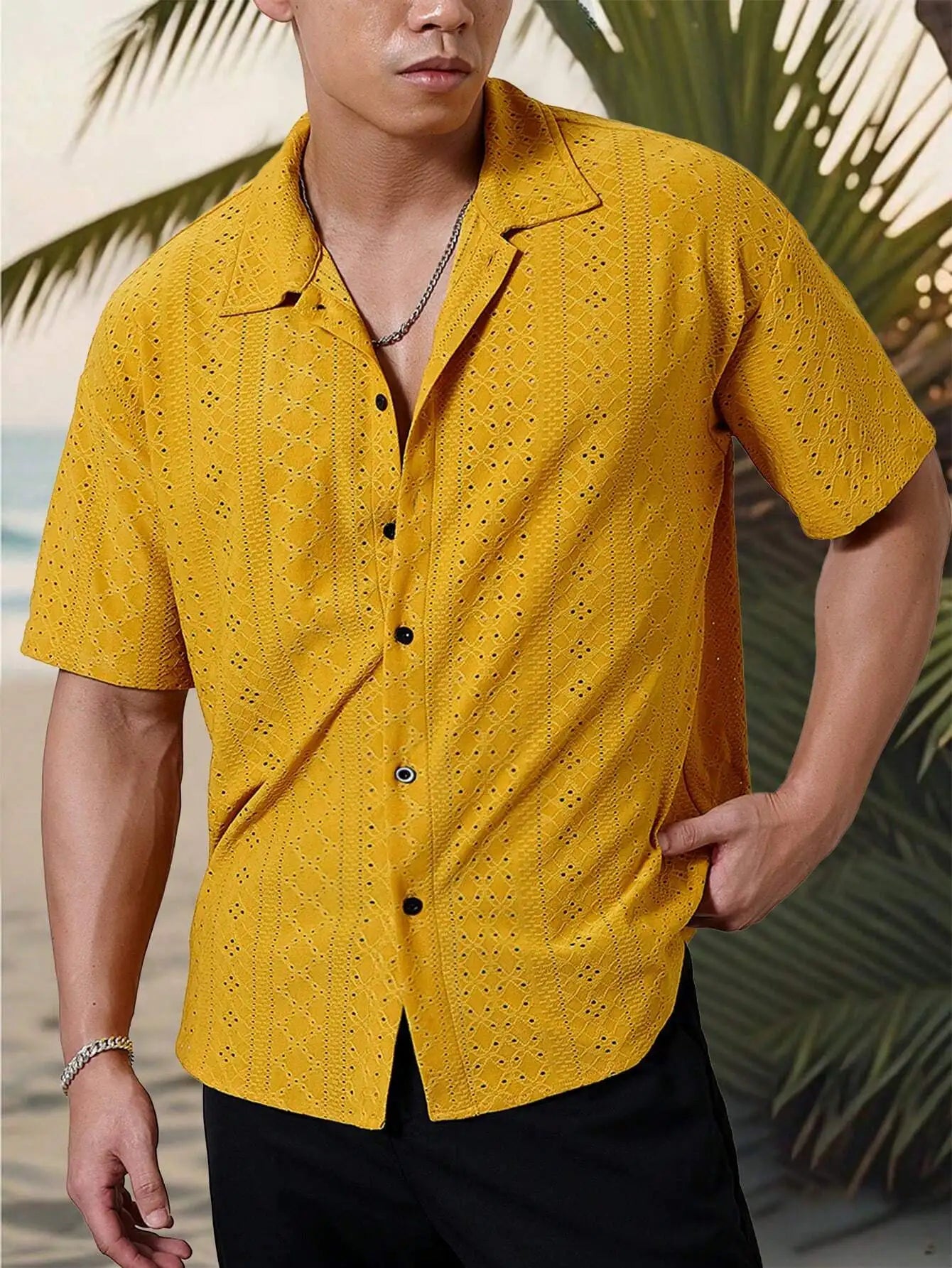 Men's Mustard Yellow Eyelet Lace Short Sleeve Casual Shirt, Loose Fit Button-Down for Beach & Festival