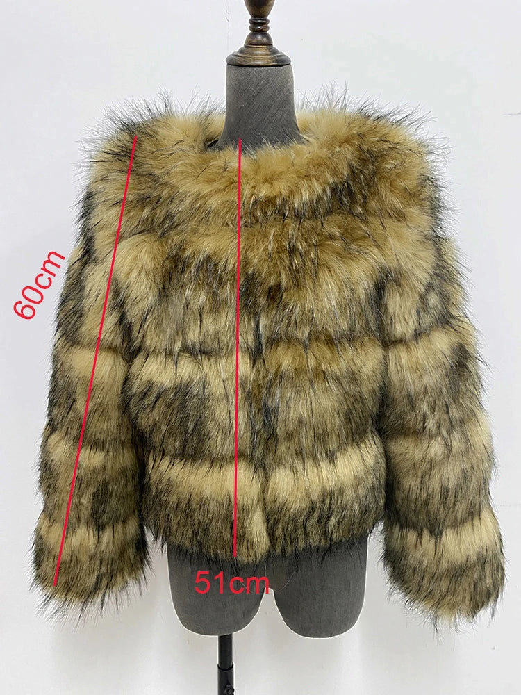 ZADORIN High Quality Cropped Faux Raccoon Fur Coat Women Winter Fashion O Neck Long Sleeve Fluffy Short Faux Fur Jacket Crop Top