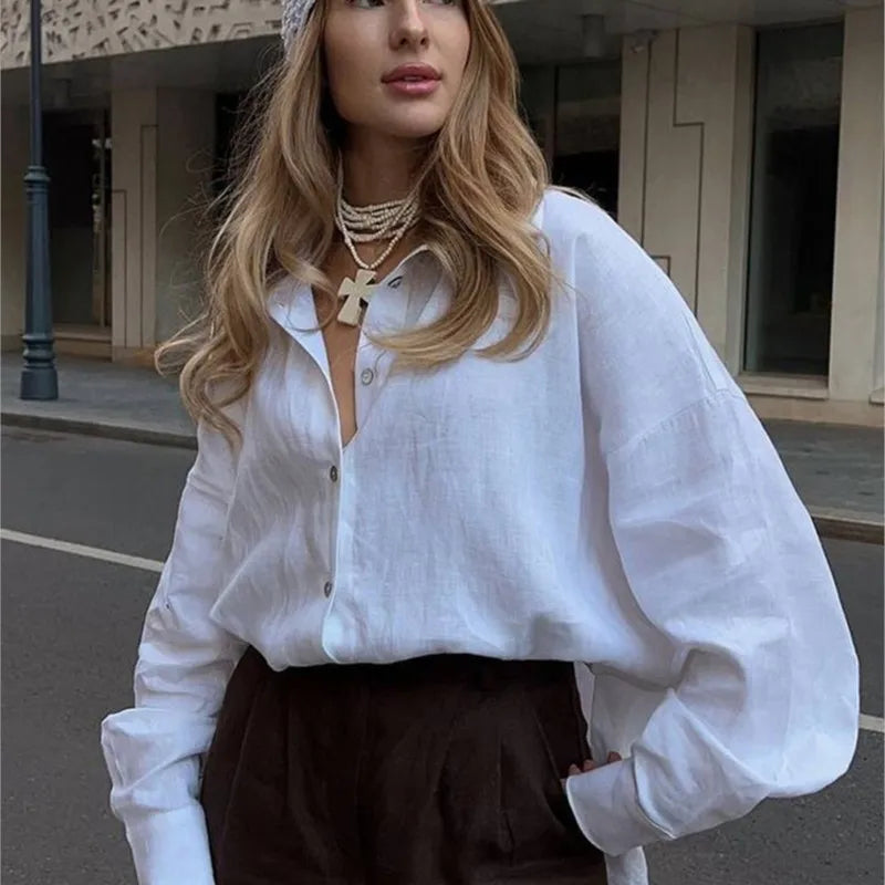 Ammug White Women's Shirt Long Sleeve Elegant Solid Blouse Woman Vintage Summer Loose Shirts for Women Basic Top Collar
