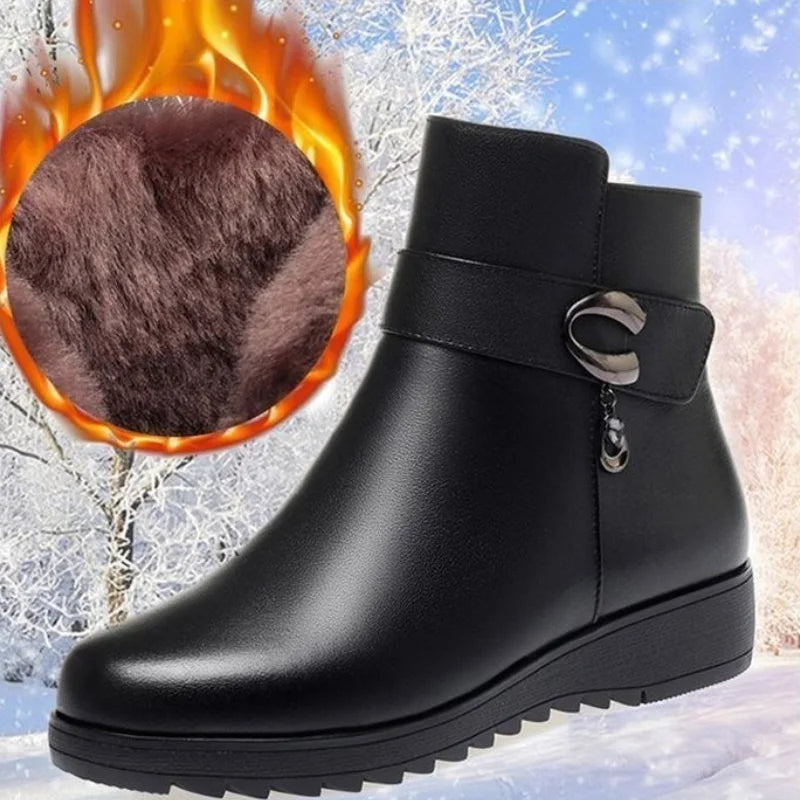 Leather Women Boots 2024 Winter Thick Wool Lined Genuine Leather Women Snow Boots Large Size Women Winter Shoes