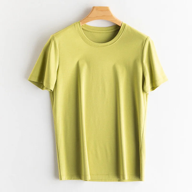 6% Real Silk Cotton Modal Women's T-shirt 2026 Summer Tees Short Sleeve Solid Tee Shirts V-neck Casual Woman Basic T shirt Tops