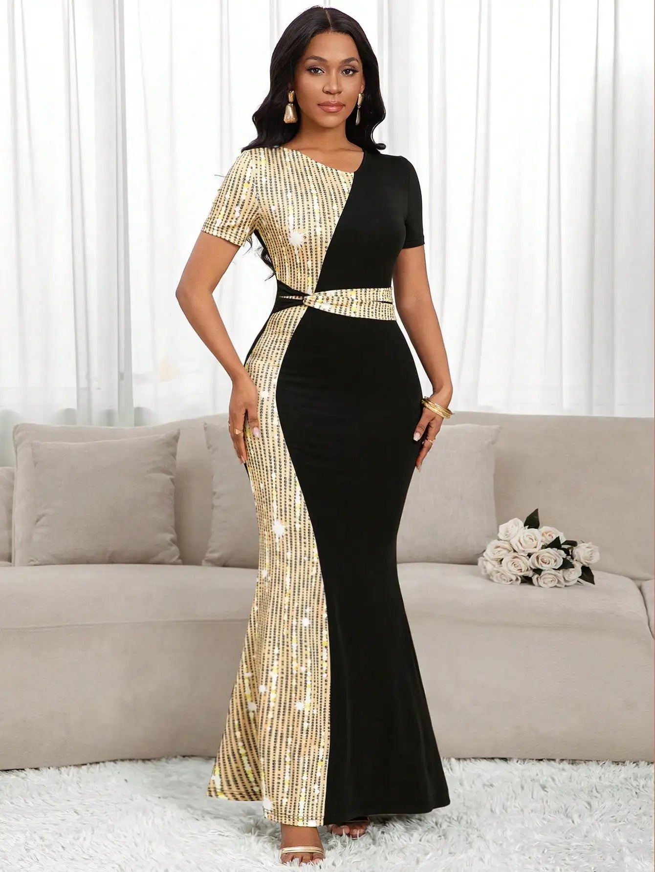 Elegant Black & Gold Sequin Mermaid Dress for Parties, Weddings, and Formal Events