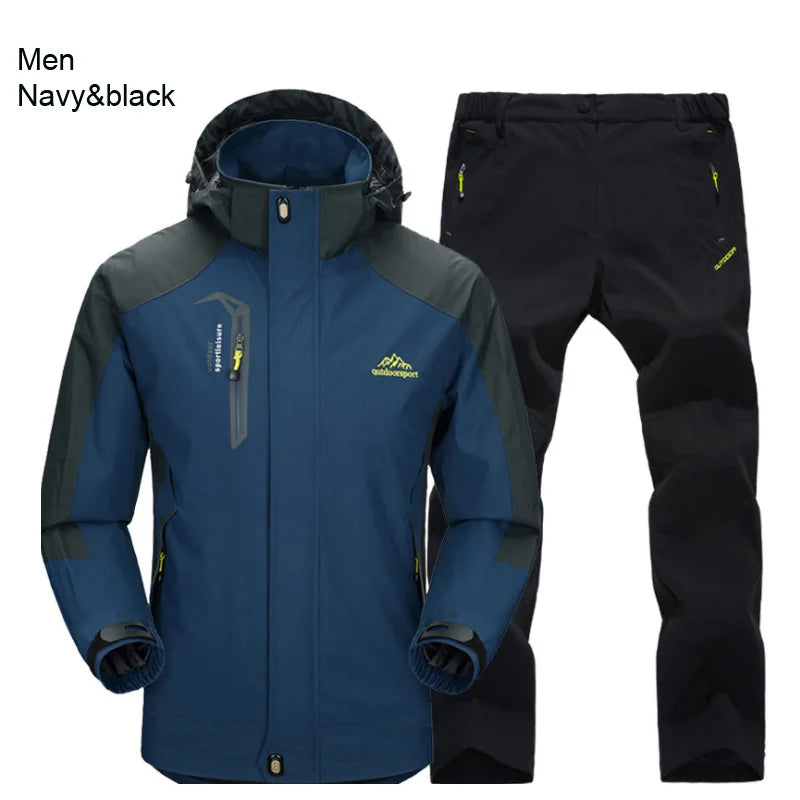 Outdoor Hiking Jacket and Pants Sets Men Autumn Thermal Waterproof Windproof Hooded Jackets Trip Mountain Camping Clothes