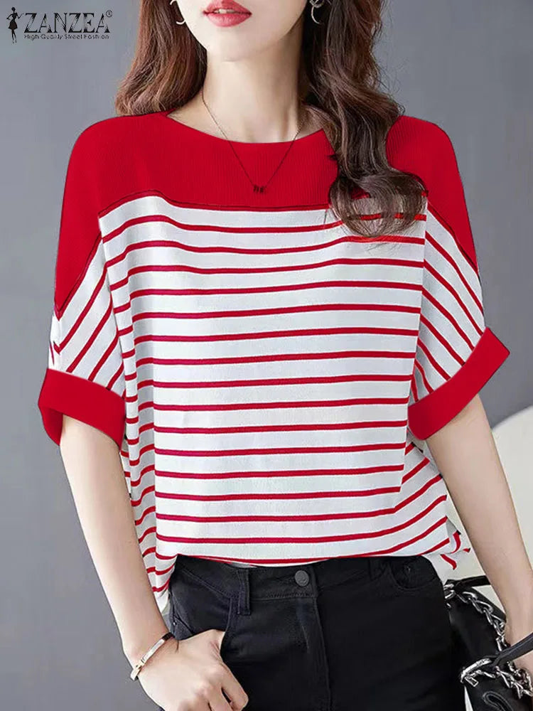 ZANZEA Elegant Striped Patchwork Blouse Women Half Sleeve Office Wear 2024 Summer T-shirt Fashion Loose Casual O-neck Tunic Tops