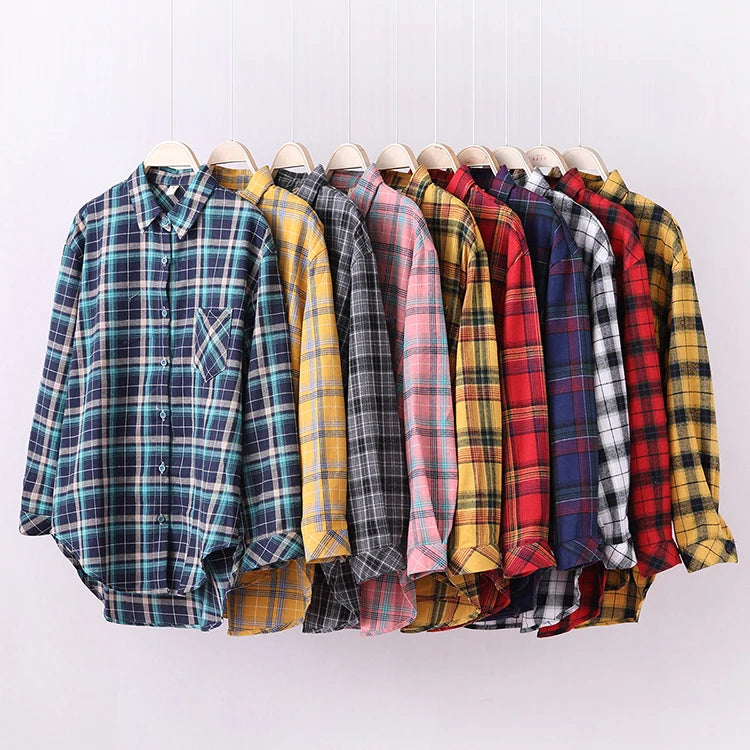 Fresh Flannel Plaid Shirt Women 2025 New Female Blouses and Tops Cotton Loose Long Sleeve Casual Shirts Fine Women's Clothes