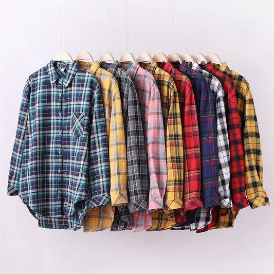 Fresh Flannel Plaid Shirt Women 2025 New Female Blouses and Tops Cotton Loose Long Sleeve Casual Shirts Fine Women's Clothes