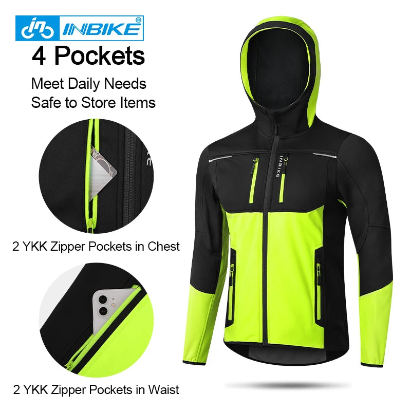 INBIKE Men's Winter Cycling Jacket With Hood Warm Fleece Windbreaker Coat For Men Windproof Outdoor Man Cycling Clothing Hiking