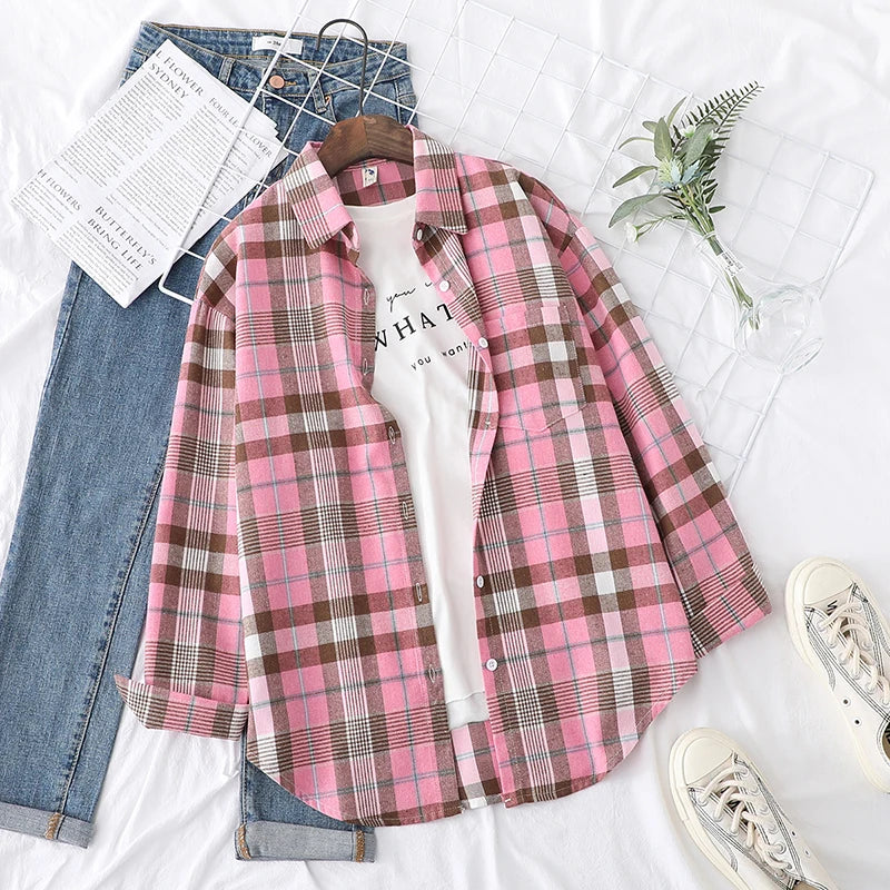 Fresh Flannel Plaid Shirt Women 2025 New Female Blouses and Tops Cotton Loose Long Sleeve Casual Shirts Fine Women's Clothes